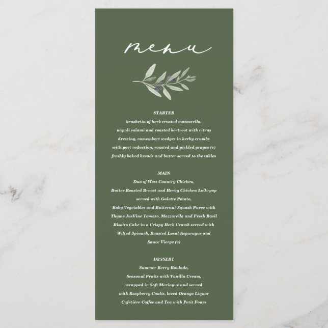 Menu Mariage peint par aquarelle de branche d'olivier (Devant)