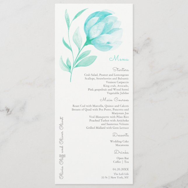Menu Mariage Peonies turquoises (Devant)