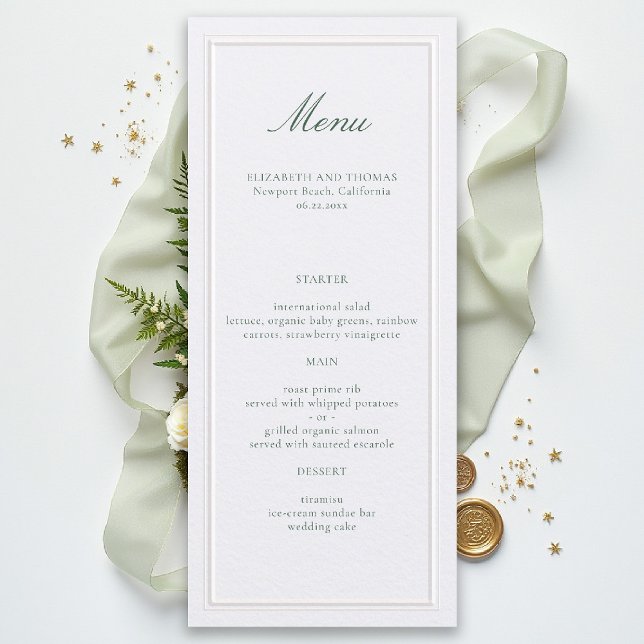 Menu Mariage Perle de Cadre Élevé Vert Classique Formel (formal wedding menu pearl white green elegant modern classic traditional ballroom black tie)