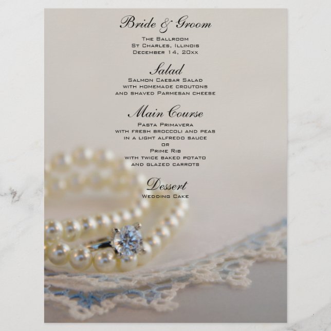 Menu Mariage Perles, Anneau Diamant et Dentelle Bl (Devant)