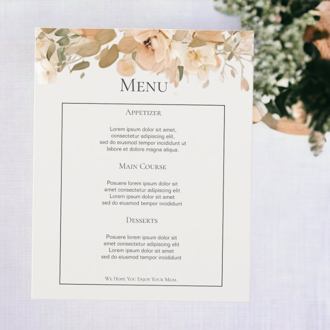 Menu Mariage personnalisé à fleurs de pêches verte (Muted Green Peach Flower Personalized Wedding Menus from Ricaso)