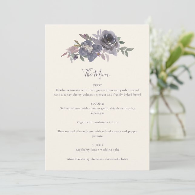 Menu Mariage personnalisé aquarelle florale violet pous (Debout devant)