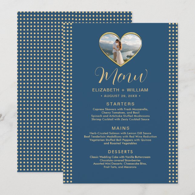 Menu Mariage personnalisé Gold & Blue Polka Dot (Devant / Derrière)