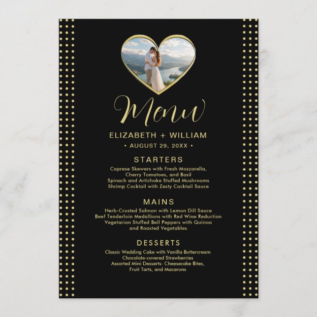 Menu Mariage personnalisé pois dorés et noirs (Devant)