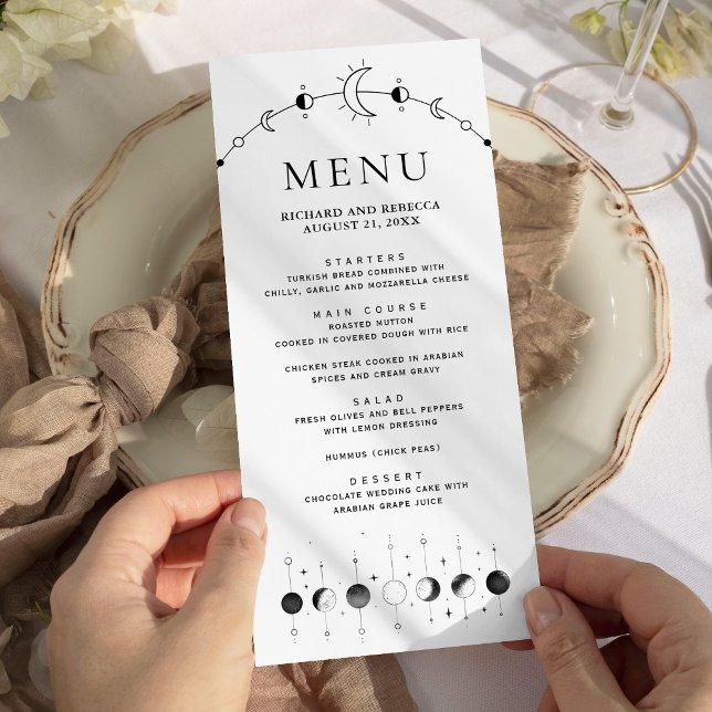 Menu Mariage Phases de Lune Croissant Noir Blanc Célest (Créateur téléchargé)
