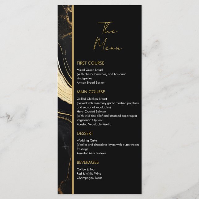 Menu Mariage photo de luxe en marbre noir et or (Devant)