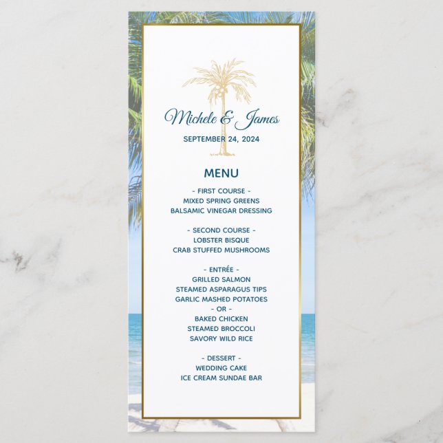 Menu Mariage Photo de Plage au Palmier Or Tropical (Devant)
