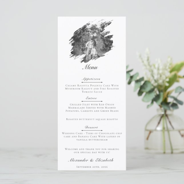 Menu Mariage photo moderne Brushstroke | BLANCHE (Debout devant)