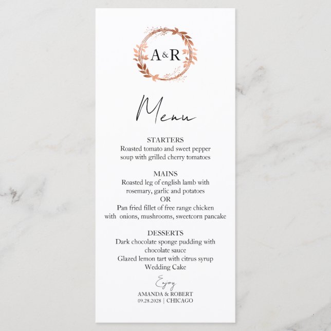 Menu Mariage photo Monogramme Rose Wreath Gold Foil (Devant)