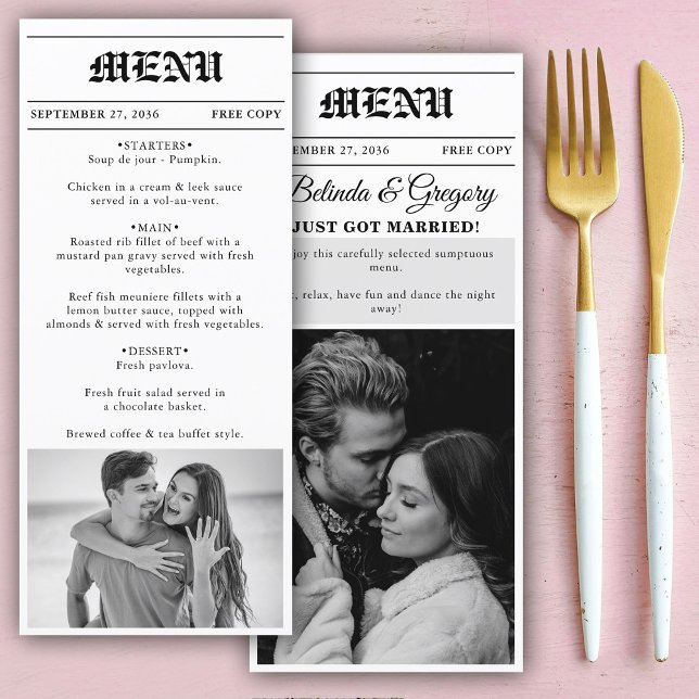 Menu Mariage photo noir et blanc du journal mariage (Wedding Newspaper Fun Black & White Photo Wedding Menu)