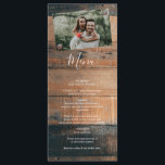 Menu Mariage photo rustique en bois<br><div class="desc">Ce design comprend un arrière - plan rustique en planches de bois avec la photo de votre couple. L'arrière - plan en bois marron rustique est complété par le texte blanc et votre photo personnelle qui est affiché comme fixé sur l'arrière - plan en bois avec des boulons rouillés rustiques....</div>