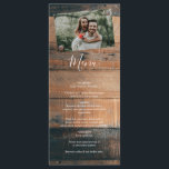 Menu Mariage photo rustique en bois<br><div class="desc">Ce design comprend un arrière - plan rustique en planches de bois avec la photo de votre couple. L'arrière - plan en bois marron rustique est complété par le texte blanc et votre photo personnelle qui est affiché comme fixé sur l'arrière - plan en bois avec des boulons rouillés rustiques....</div>