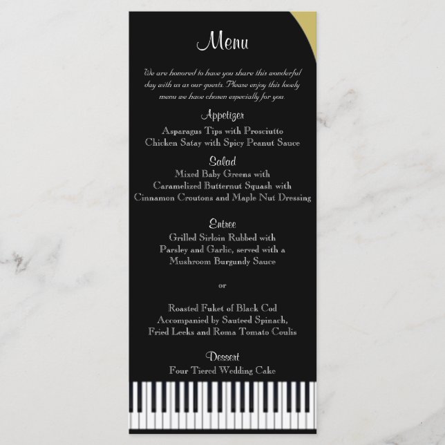 Menu Mariage Piano Noir et Or (Devant)