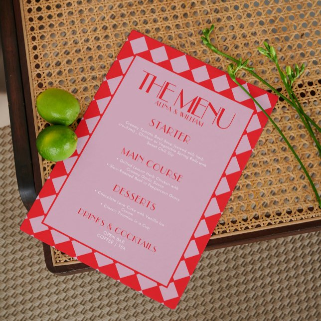Menu Mariage Pink Bold Funky Retro Checkerboard (Créateur téléchargé)