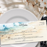 Menu Mariage plage Bleu Océan Côtier Thème<br><div class="desc">Menu mariage à thème plage avec éléments memu personnalisés. Le design présente une scène aquarellisée d'un océan bleu magnifique qui surplombe le sable d'une belle plage sous le ciel d'été. Lettres modernes avec écriture décontractée, manuscrite. Parfait pour un mariage sur la plage, mariage côtier, mariage d'été, mariage de mer, mariage...</div>