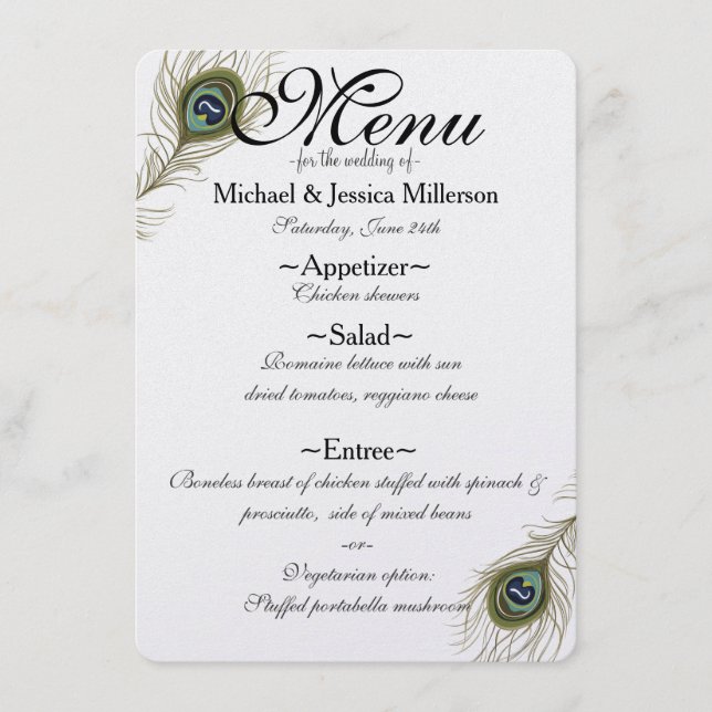 Menu Mariage Plumes Peacock (Devant)