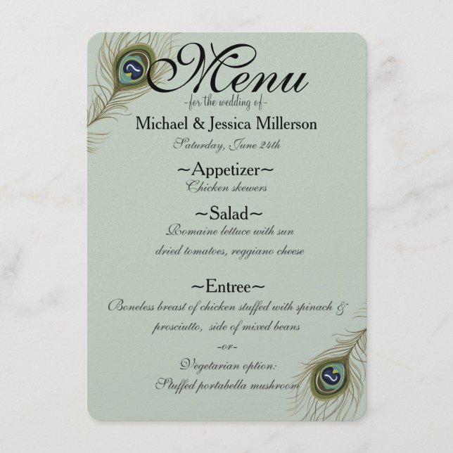Menu Mariage Plumes Peacock Sage (Devant)