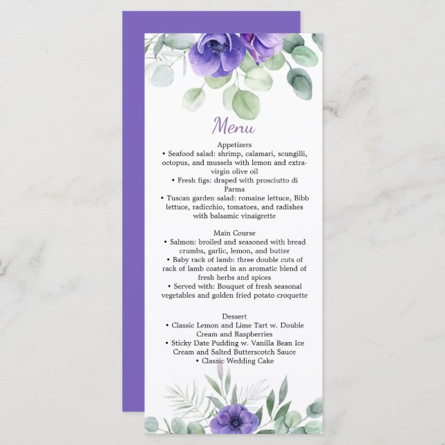 Menu Mariage Purple Anemones et Verdure (Devant / Derrière)