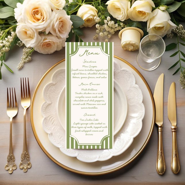 Menu Mariage rayures vintage vert sauge (Sage green hand drawn vintage stripes personalized wedding menu cards)