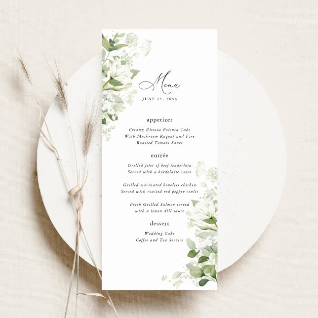 Menu Mariage Réception Dîner de Verdure Biologique Sage (Sage green organic greenery wedding dinner menu, watercolor botanical, elegant wild meadow reception)