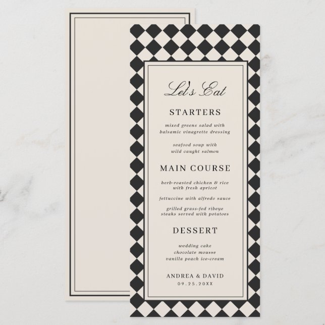 Menu Mariage rétro à carreaux de style argent ancien et (Devant / Derrière)