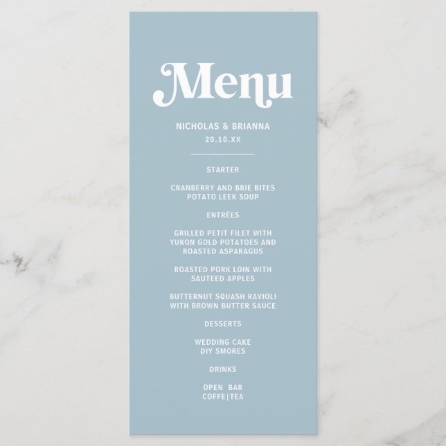 Menu Mariage rétro années 70 poussiéreux bleu (Devant)