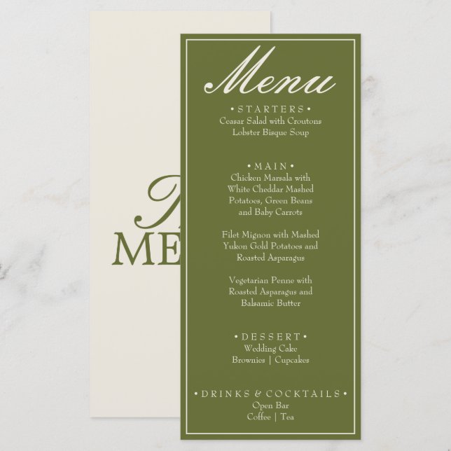 Menu Mariage Rétro Argent Ancien Vert Olive Élégant (Devant / Derrière)