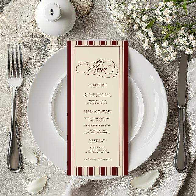 Menu Mariage Rétro avec Bordure Rayée Ivoire & Bourgogn (Créateur téléchargé)