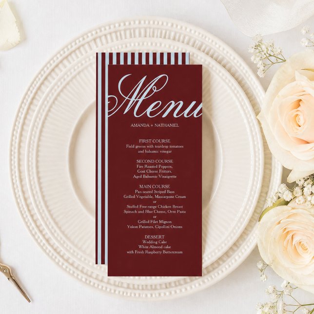 Menu Mariage Rétro Bleu Glace et Rayures Bourguignonnes (Créateur téléchargé)