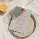 Menu Mariage rétro Champagne Quirky Colorful Dessiné À<br><div class="desc">Un menu coloré rétro moderne et branché, rouge et bleu ciel mariage pour le dîner. Ce qui présente le design modèle chic de l'arrière - plan bleu ciel et la typographie manuscrite rouge vif. Avec des lunettes de cocktail à la main avec des rubans. Un Parfait et assorti à toute...</div>