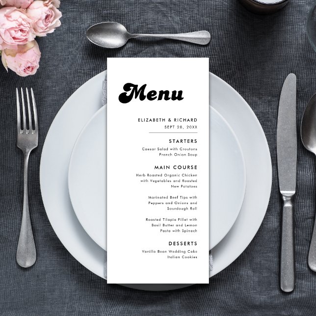 Menu Mariage Rétro Chic Noir et Blanc (Retro black and white wedding menu presents your dishes with a stylish, timeless touch.)