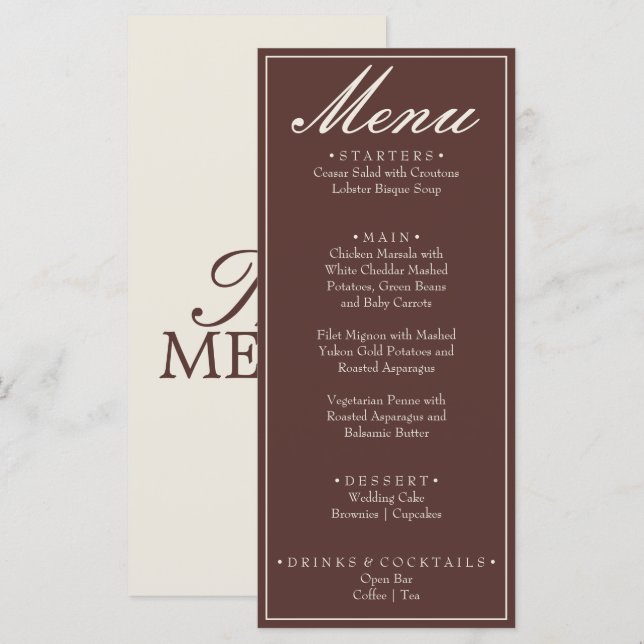 Menu Mariage Rétro Chocolat Brun Élégant Ancien Argent (Devant / Derrière)