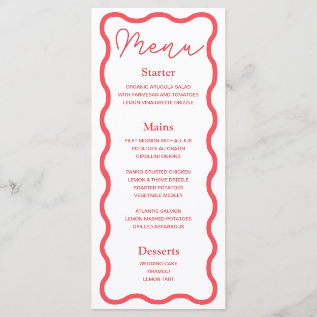 Menu Mariage rétro Coral Wavy (Devant)