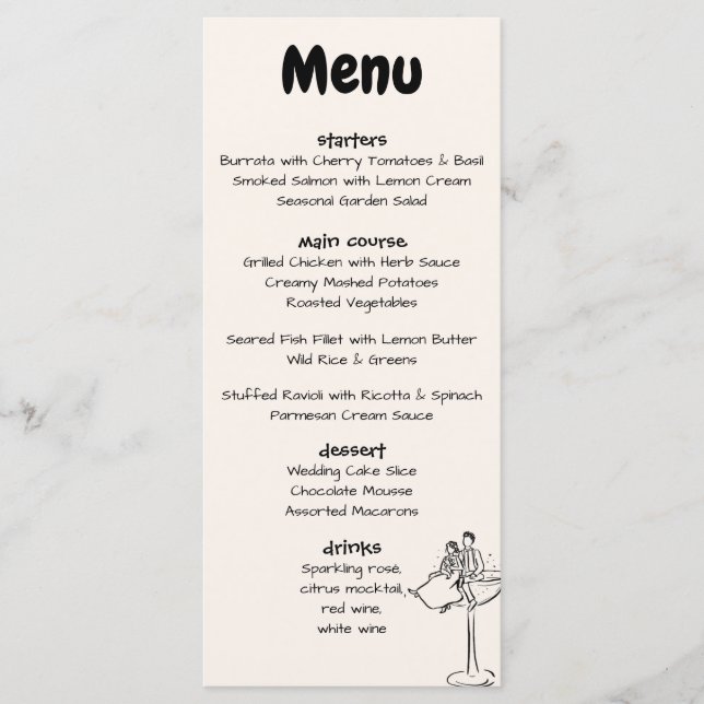 Menu Mariage rétro dessiné à la main crème gras caprici (Devant)