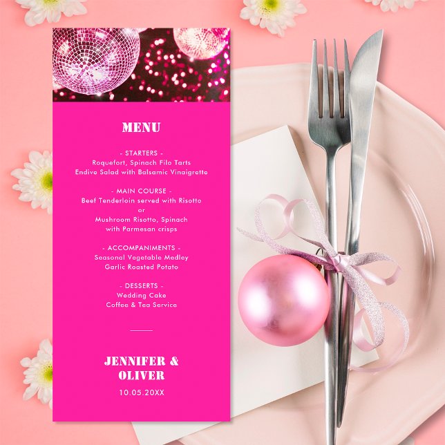 Menu Mariage rétro disco paillettes rose vif chic (Front)