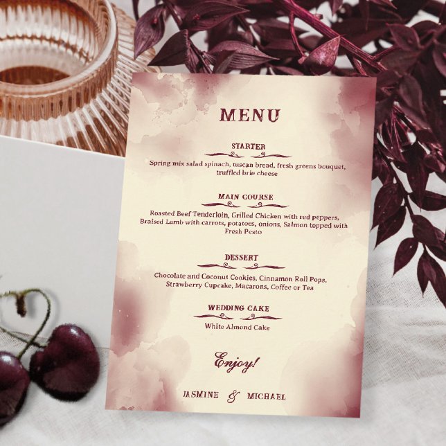 Menu Mariage Rétro Élégant Ivoire et Bourgogne Simple (Créateur téléchargé)