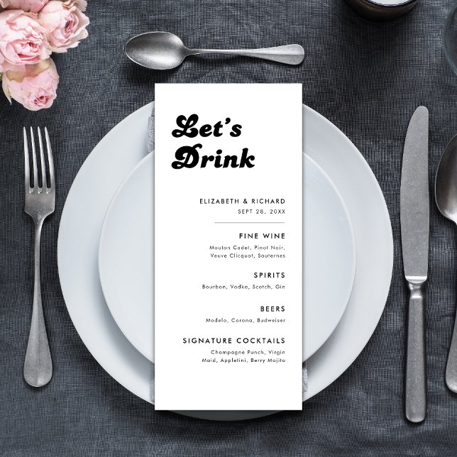 Menu Mariage Rétro Élégant Noir Blanc Bar à Boissons (Retro black and white bar menu adds a stylish, fun touch to your wedding drinks display.)