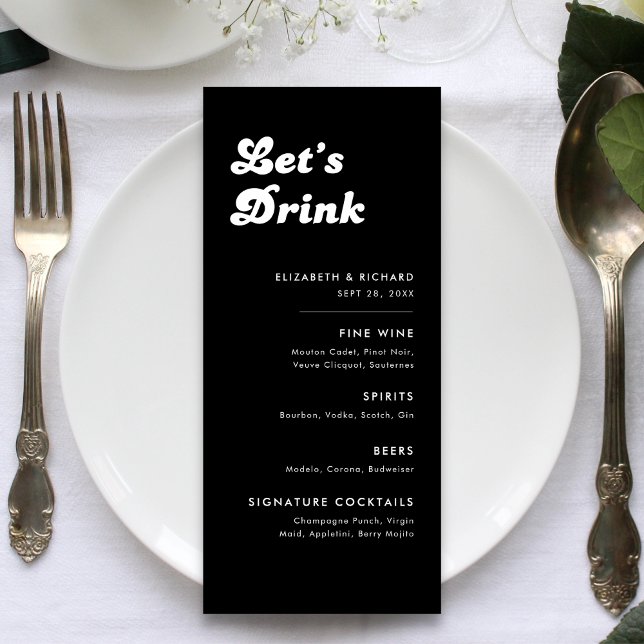 Menu Mariage Rétro Élégant Noir Blanc Bar Boissons (Retro black and white bar menu adds a stylish, fun vibe to your wedding drinks table.)