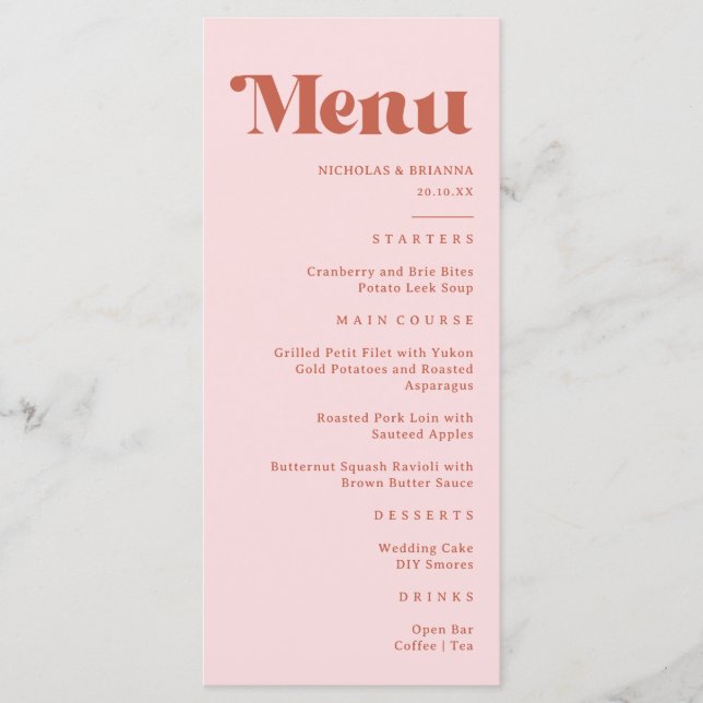 Menu Mariage Rétro Groovy Terracotta & Rose Pâle   (Devant)