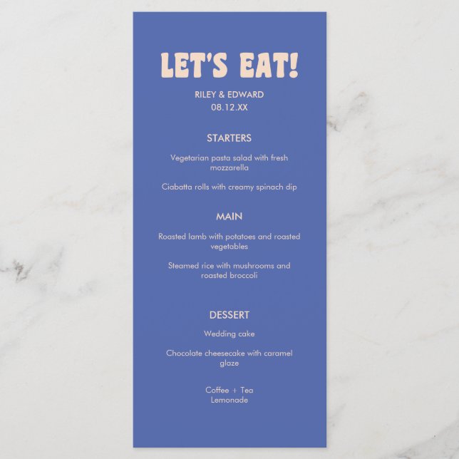 Menu Mariage rétro moderne bleu foncé beige "Mangeons ! (Devant)