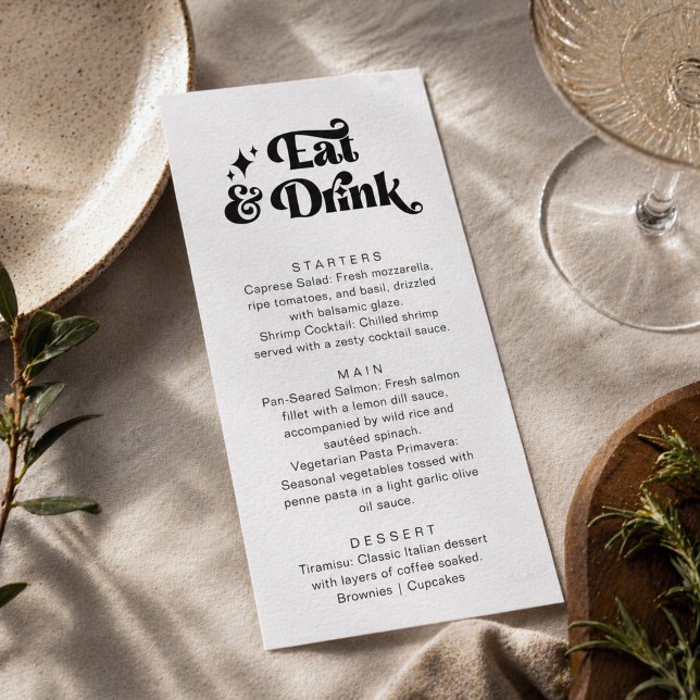 Menu Mariage Rétro Moderne Noir Blanc Manger et Boire (Créateur téléchargé)