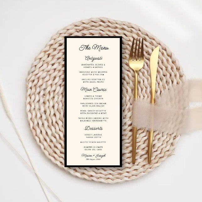 Menu Mariage rétro noir et ivoire (Retro black and ivory wedding menu brings timeless elegance to your reception tables.)