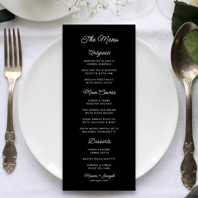 Menu Mariage rétro noir et ivoire (Retro black and ivory wedding menu adds vintage charm and elegance to every table.)