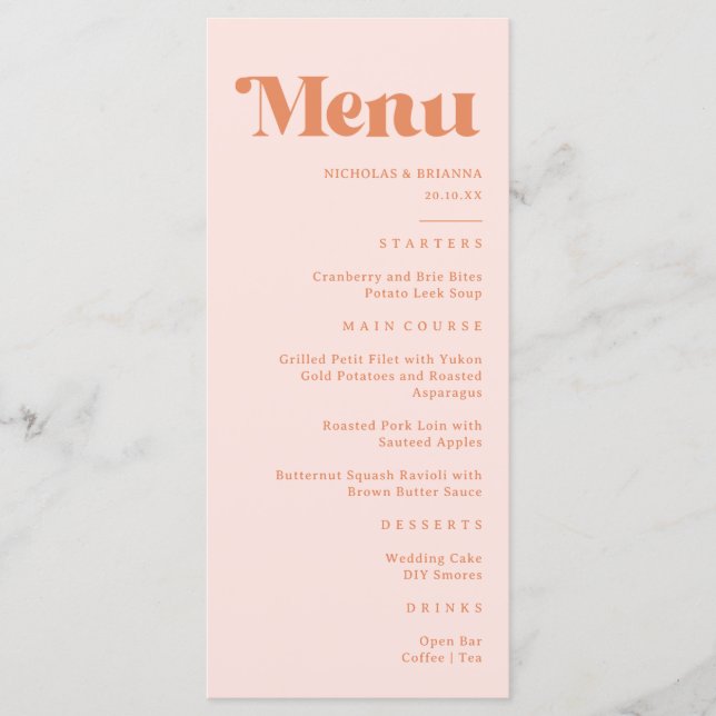 Menu Mariage rétro pêche et crème (Devant)