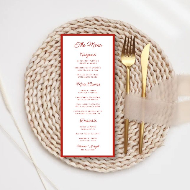 Menu Mariage rétro rouge et blanc (Retro red and white wedding menu adds vintage charm and stylish table appeal.)