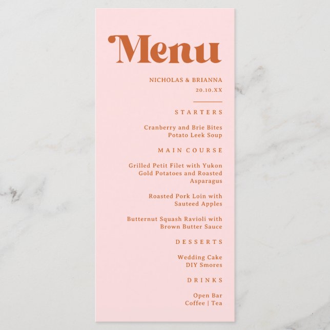Menu Mariage Rétro Rouge Rose Orange (Devant)