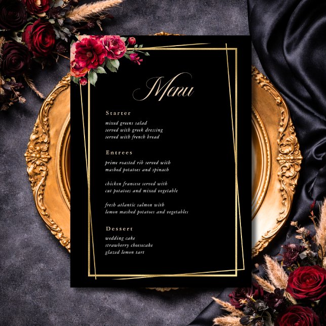 Menu Mariage romantique élégant floral rouge noir d'amb (Créateur téléchargé)