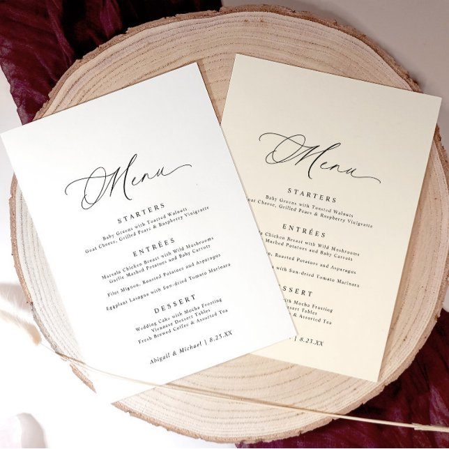 Menu Mariage Romantique Moderne Calligraphie Élégante (5x7 wedding menu with calligraphy and space for name tags—perfect for personal place settings.)