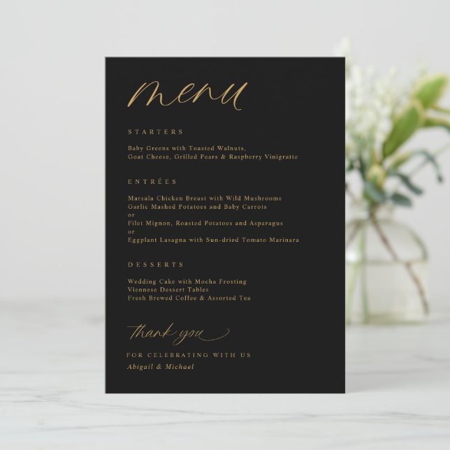 Menu Mariage romantique noir et or (Debout devant)