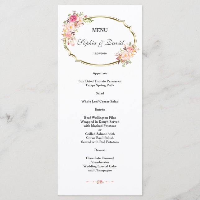 Menu Mariage Romantique Rose Floral Gold Frame (Devant)